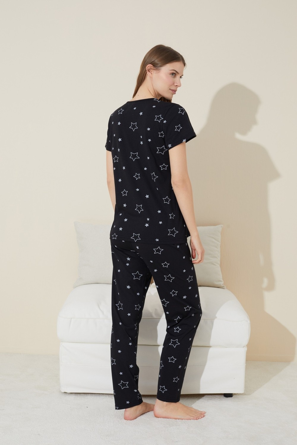 Siyah İnci Siyah Yıldız Desenli Kısa Kollu Pamuklu Pijama Takımı görsel 3