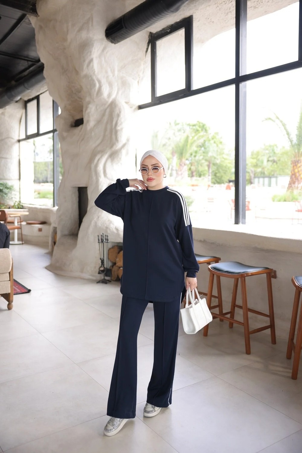 MİMİ LUXURY WEAR Kadın Çizgili Uzun Kollu Rahat Kesim Ikili Takım 546 görsel 3