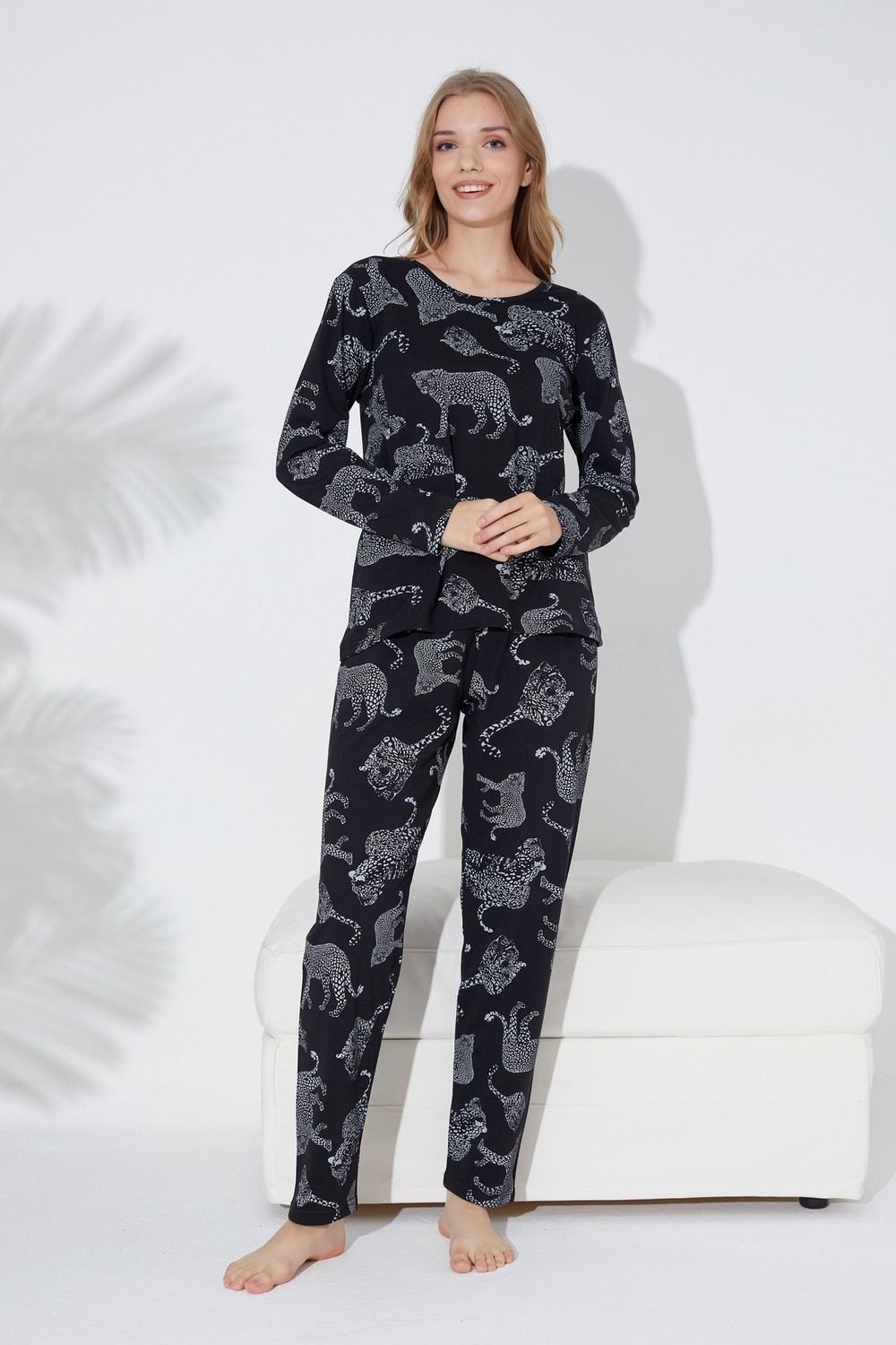 Siyah İnci Siyah Leopar Baskılı Örme Pijama Takım 7613 görsel 2