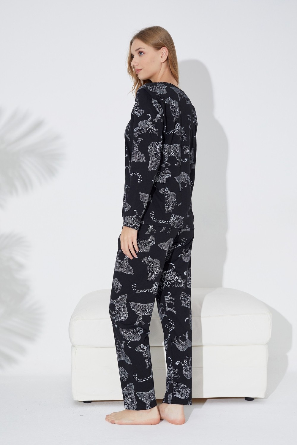 Siyah İnci Siyah Leopar Baskılı Örme Pijama Takım 7613 görsel 3