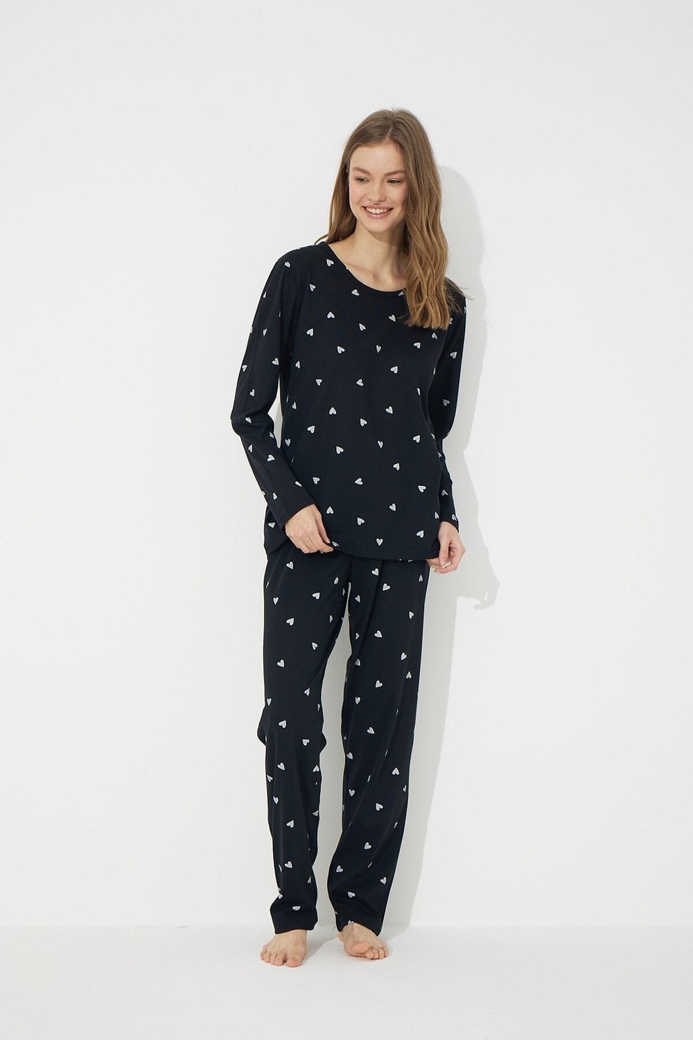 Siyah İnci Siyah Beyaz Kalp Desenli Pamuklu Pijama Takımı görsel 2
