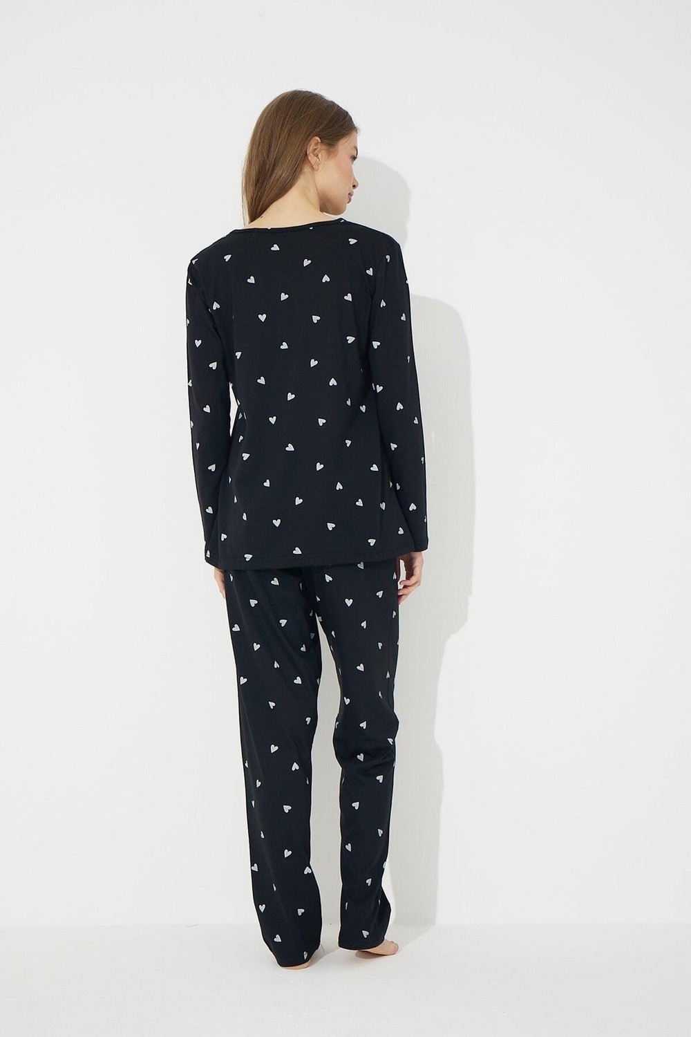 Siyah İnci Siyah Beyaz Kalp Desenli Pamuklu Pijama Takımı görsel 3