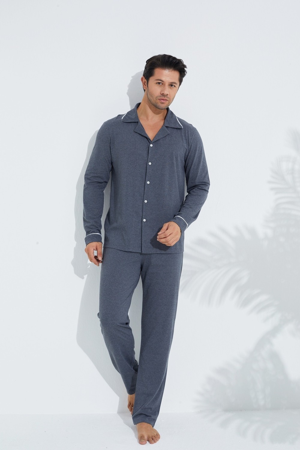 Siyah İnci Erkek Pamuklu Gömlek Yaka Düğmeli Biyeli Pijama Takım görsel 2