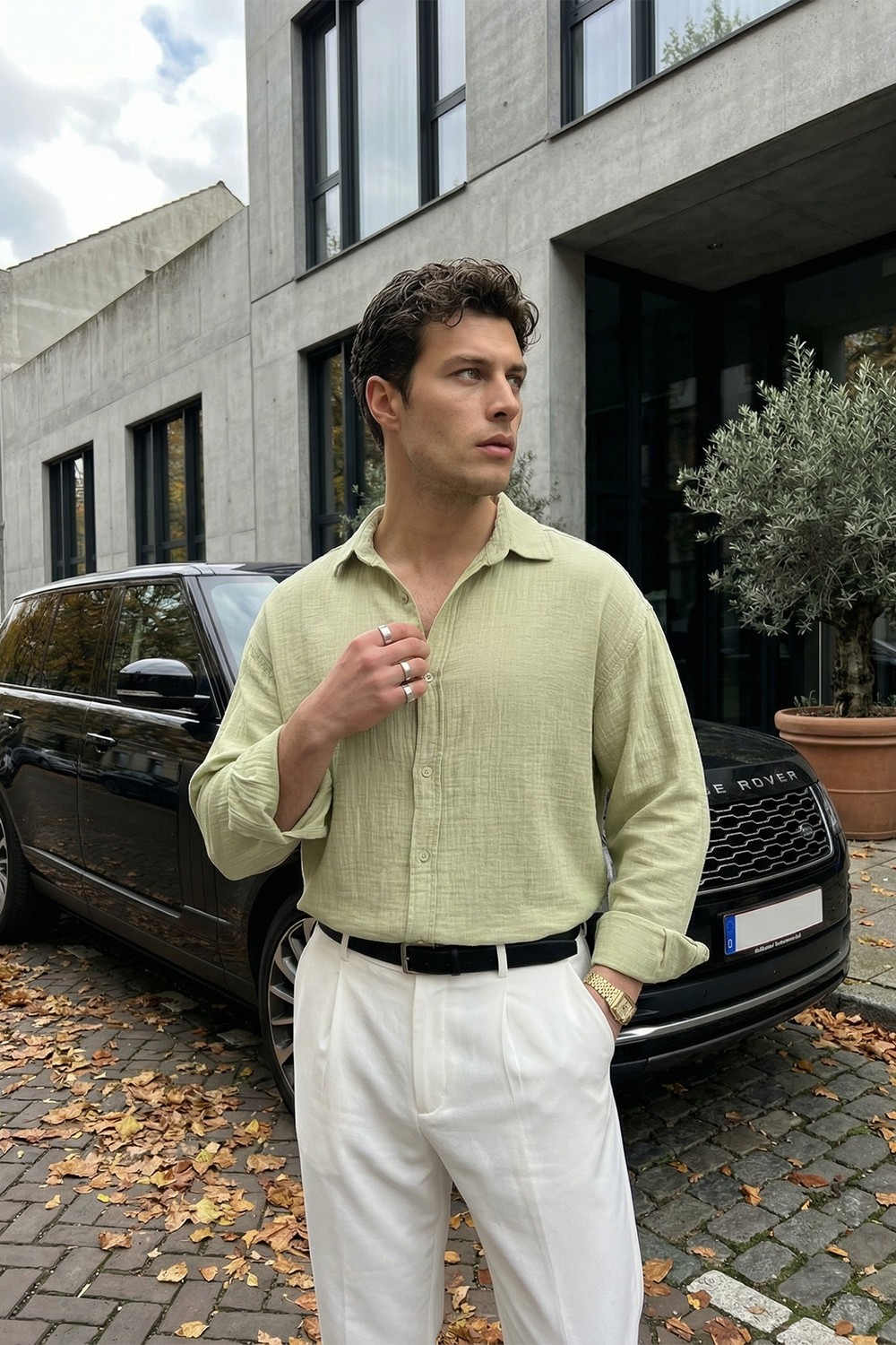 Livio Ferri Yurin Erkek Premium Müslin %100 Pamuk Oversize Uzun Kollu Gömlek