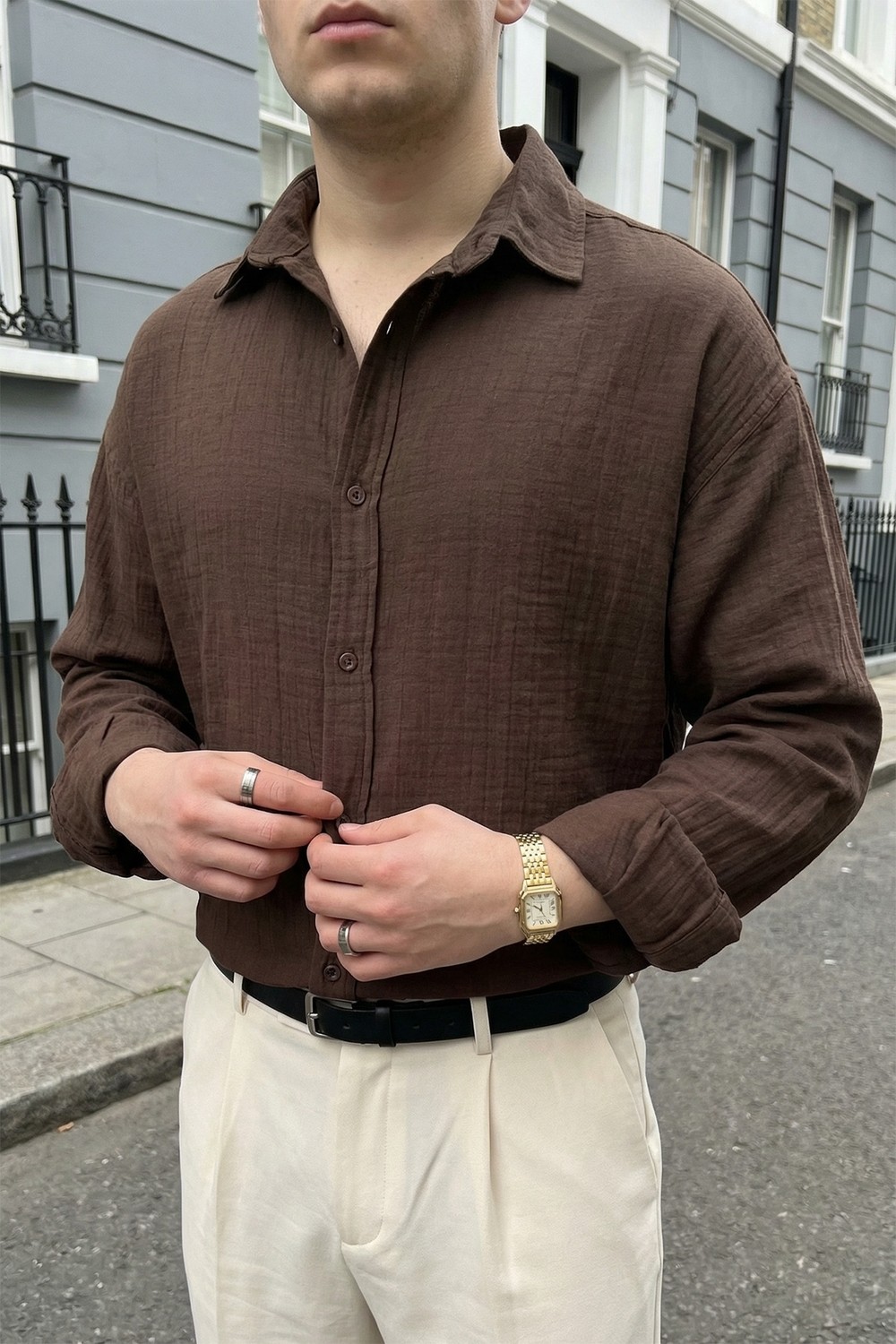 Livio Ferri Yurin Erkek Premium Müslin %100 Pamuk Oversize Uzun Kollu Gömlek görsel 2