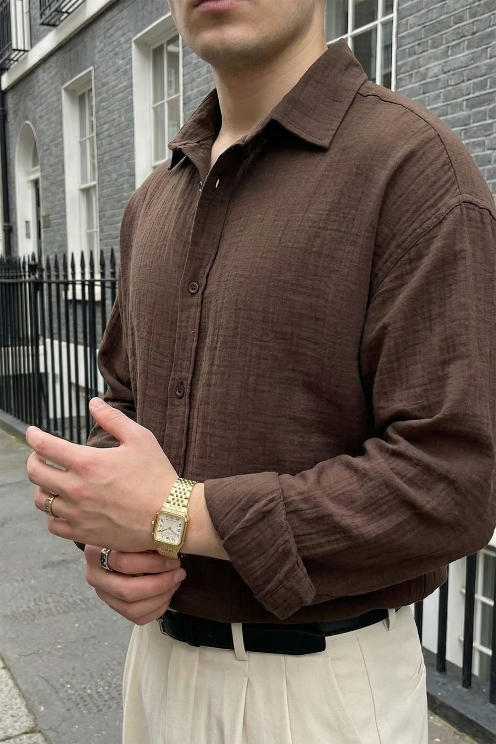 Livio Ferri Yurin Erkek Premium Müslin %100 Pamuk Oversize Uzun Kollu Gömlek görsel 3