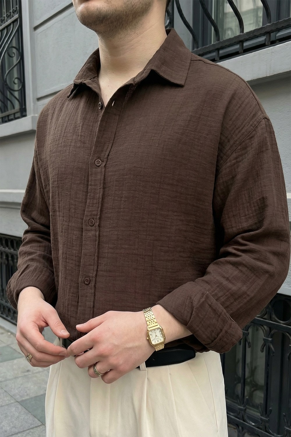 Livio Ferri Yurin Erkek Premium Müslin %100 Pamuk Oversize Uzun Kollu Gömlek görsel 6