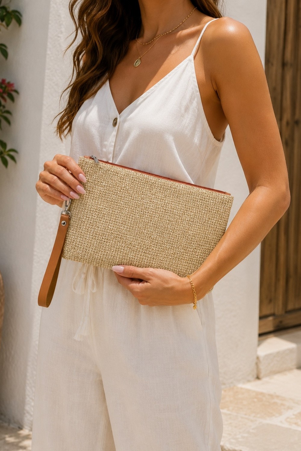 Adelina Bags Hasır Portföy El Çantası Bilek Askılı Saten Astarlı Hasır Görünümlü Clutch Çanta görsel 2
