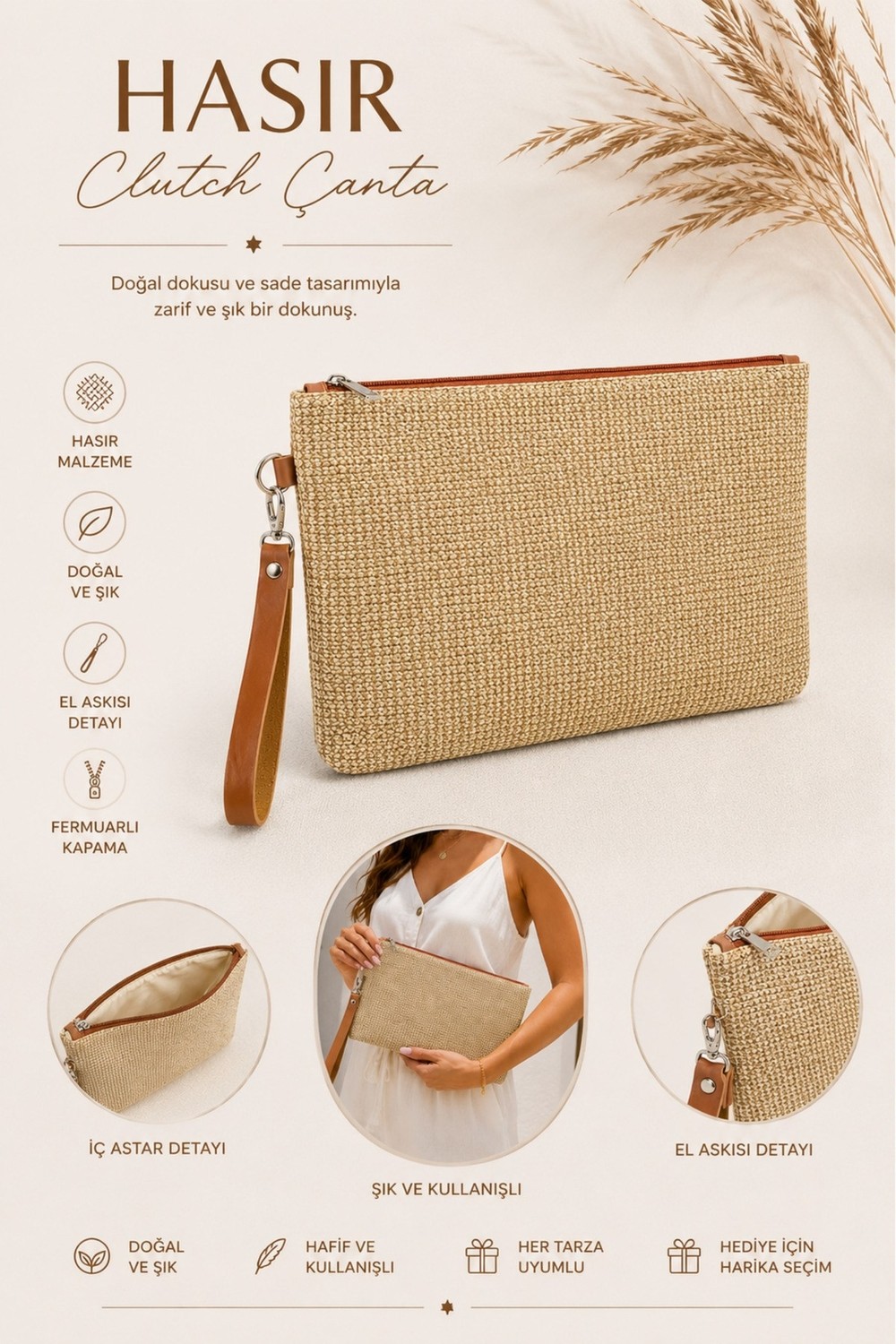 Adelina Bags Hasır Portföy El Çantası Bilek Askılı Saten Astarlı Hasır Görünümlü Clutch Çanta görsel 3
