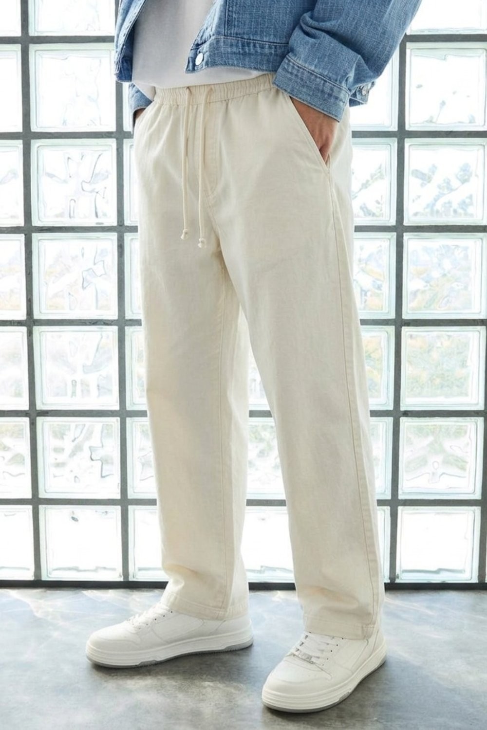 Damga Erkek Günlük Jogger Krem Baggy Keten Pantolon