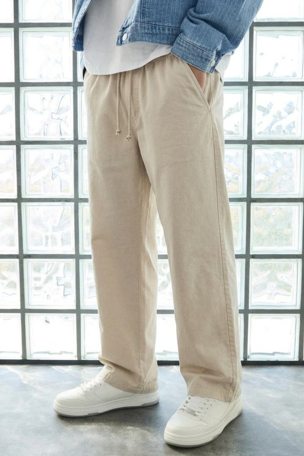 Damga Erkek Günlük Jogger Krem Baggy Keten Pantolon