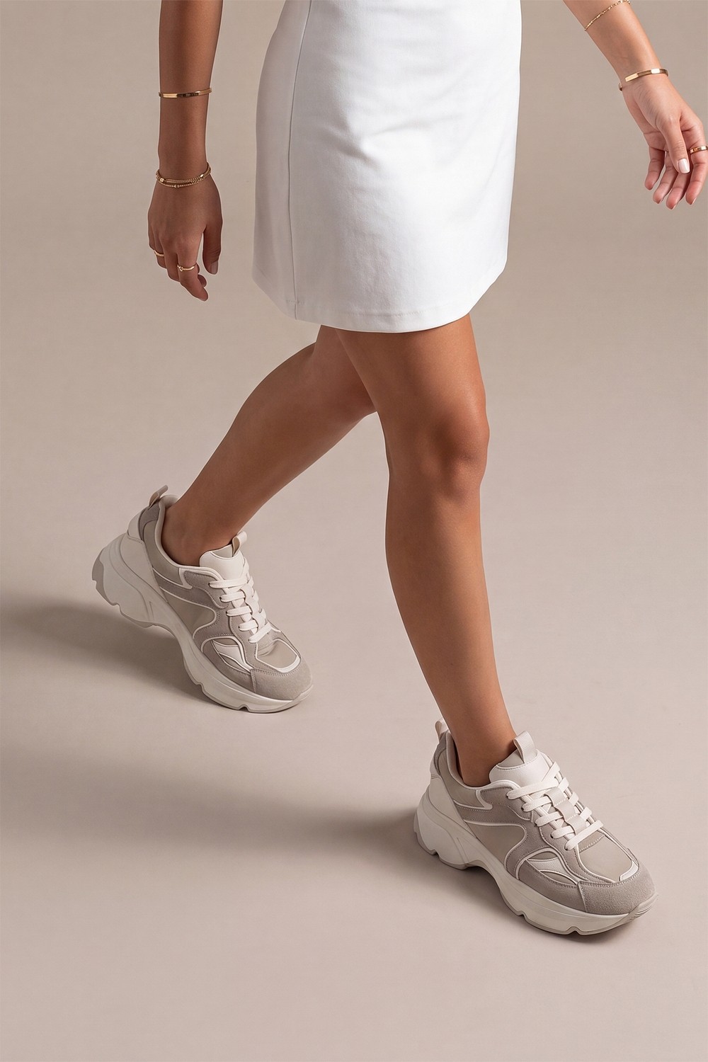 Marjin Kadın Sneaker Yüksek Kalın Taban Çok Parçalı Bağcıklı Spor Ayakkabı Merita Bej Süet görsel 4