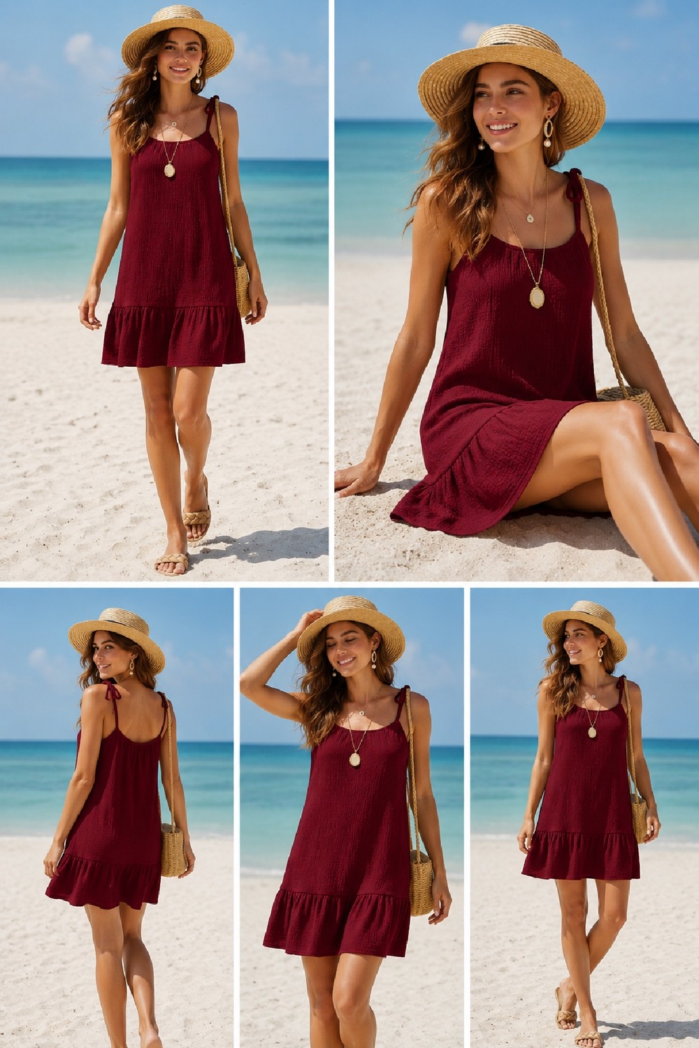 Aesco Kadın Bordo Askılı Bol Kesim Fırfırlı Plaj Elbisesi H110412 görsel 2