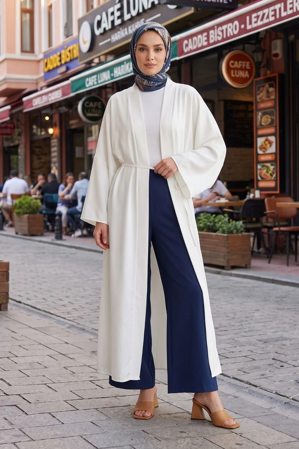 Modestim Kadın Dubai Kumaş Uzun Bağlamalı Tesettür Beyaz Hırka Rahat Kalıp Mevsimlik