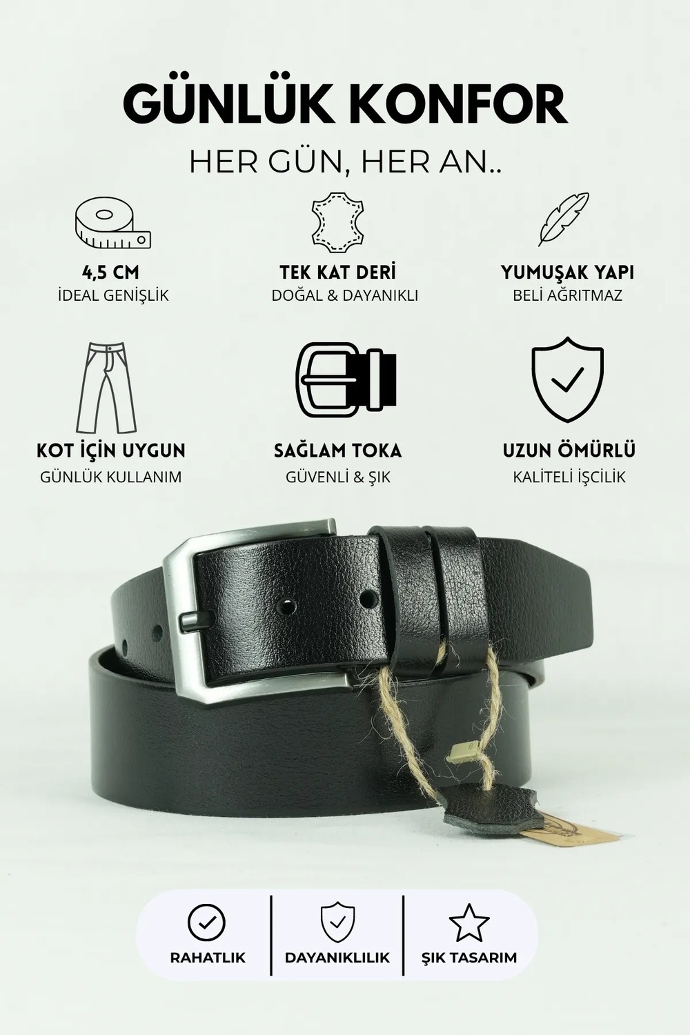 Parscraft Dayanıklı %100 Hakiki Deri Kemer 4,5 cm Geniş Siyah Erkek Kot Pantolon Kemeri görsel 2