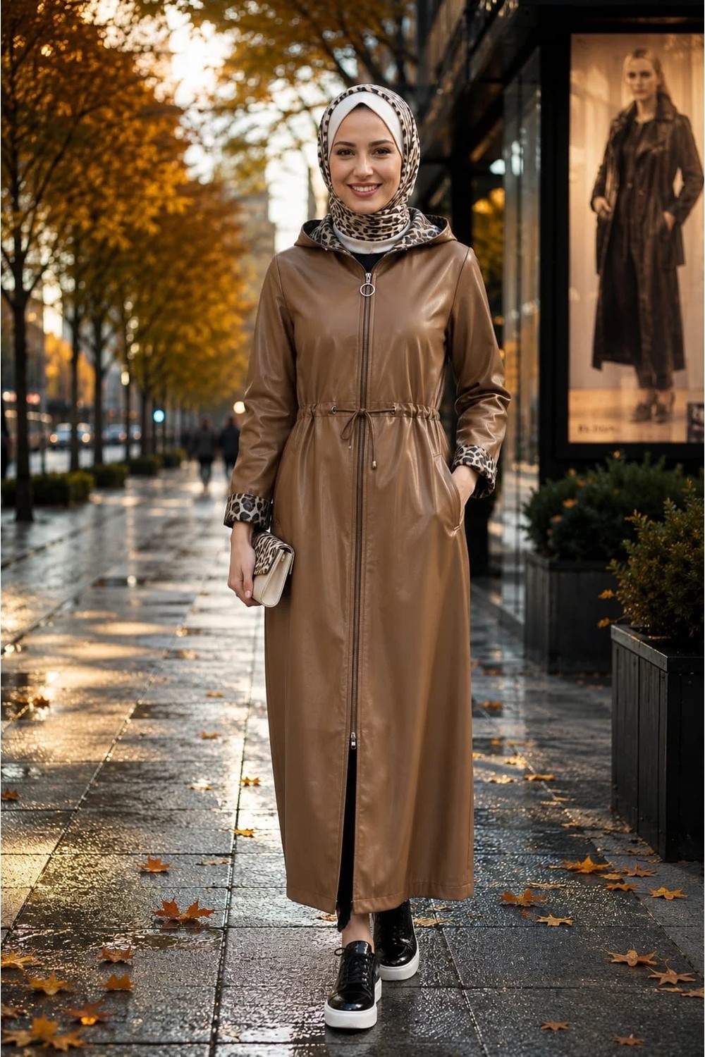 Harma Time Butik Kadın Fermuarlı Kapüşonlu Içi Şardonlu Kahverengi Deri Kap görsel 5