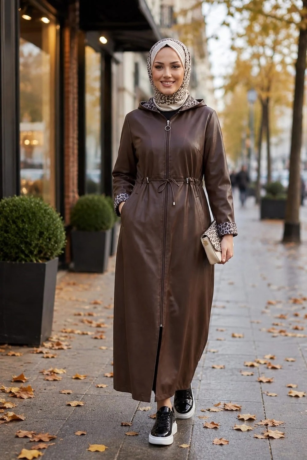 Harma Time Butik Kadın Fermuarlı Kapüşonlu Içi Şardonlu Kahverengi Deri Kap görsel 7