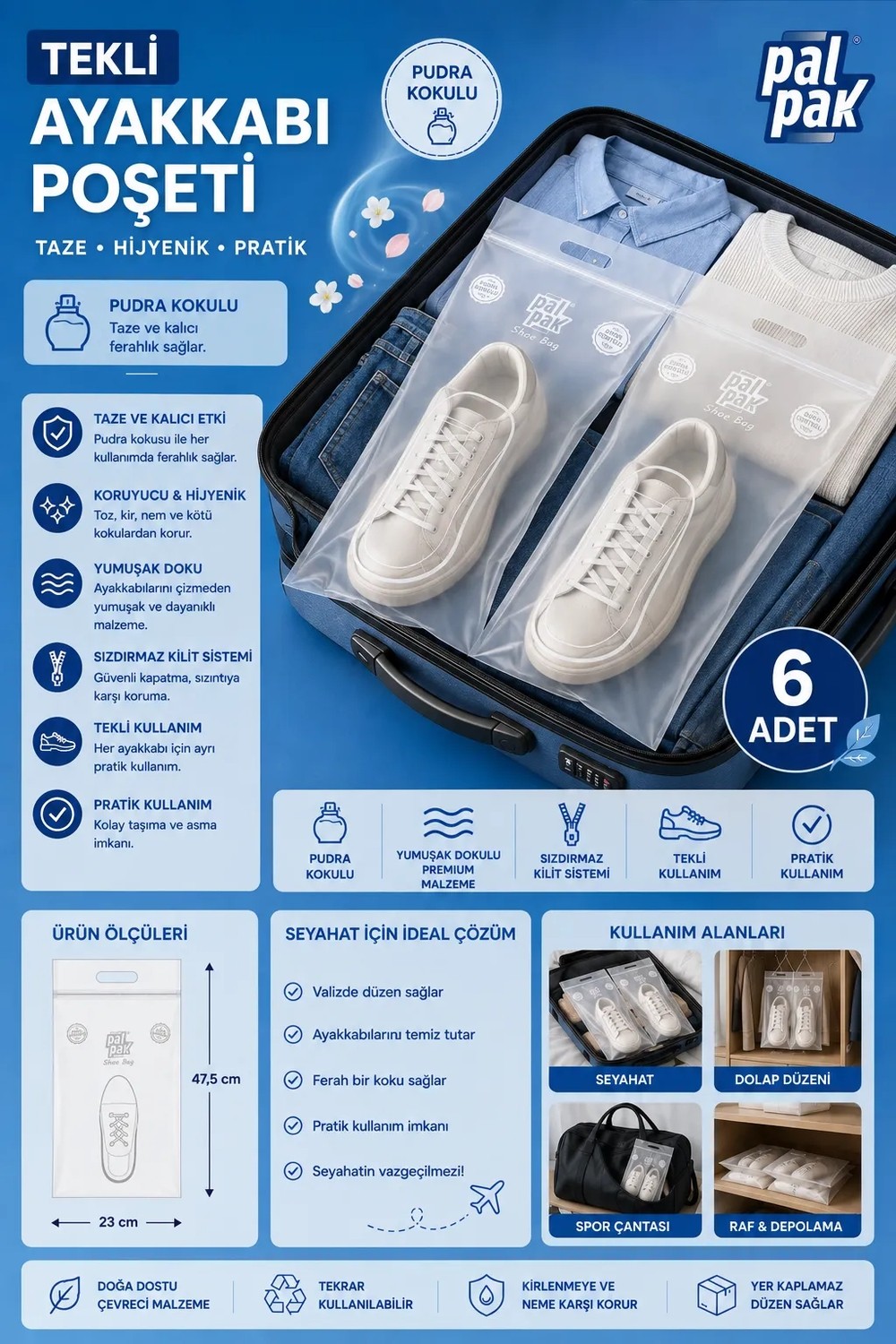 Palpak Ayakkabı Taşıma ve Saklama Poşeti, Tekli Paketlemeye Uygun ve Pudra Kokulu 6 Adet (23X47,5 Cm)