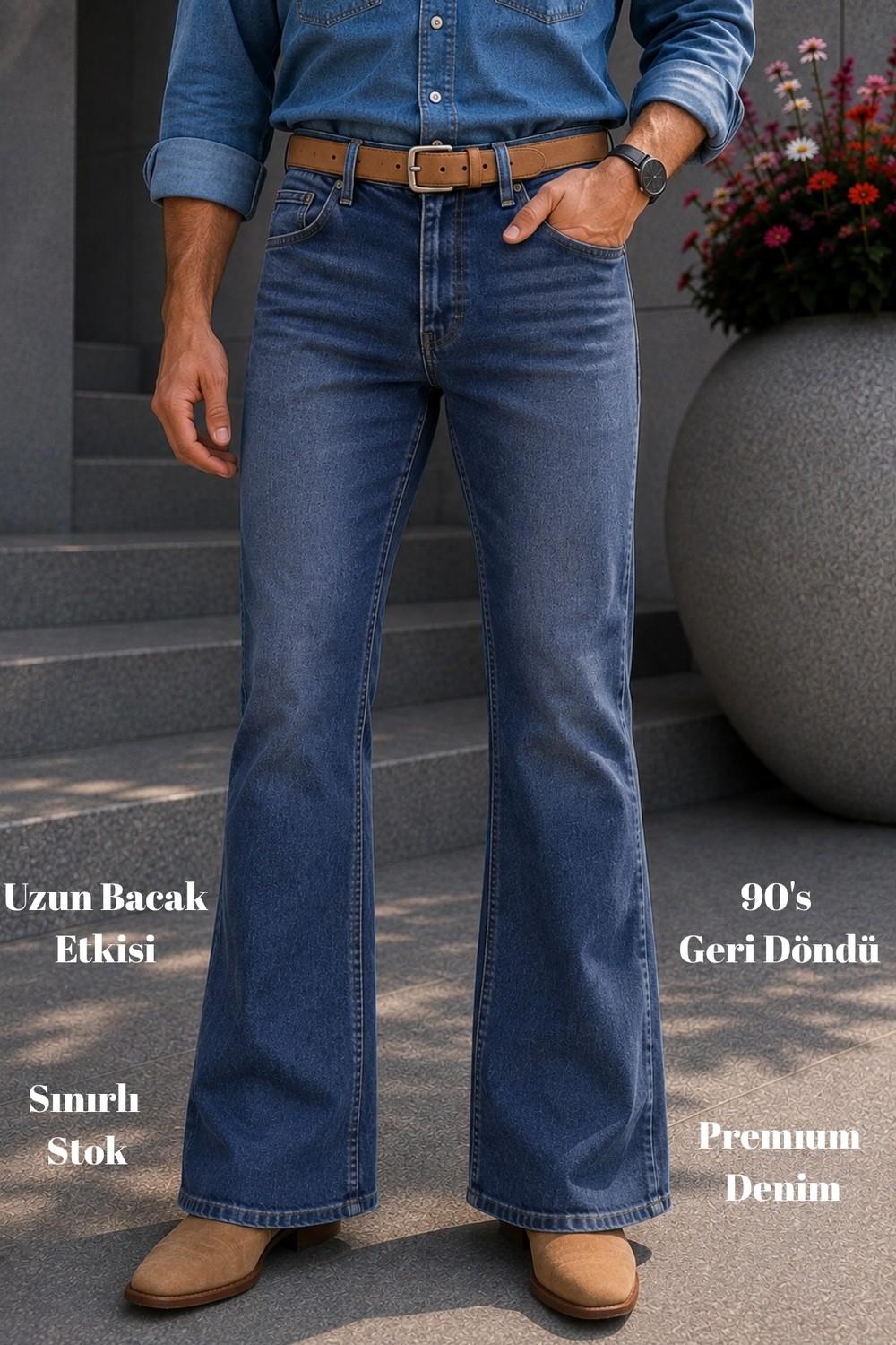 Cedy Denim Cedy Denım Premium Seri: Erkek Mavi Retro Flare Bootcut Jean - Geniş Paça Taşlanmış Denim Pantolon C370