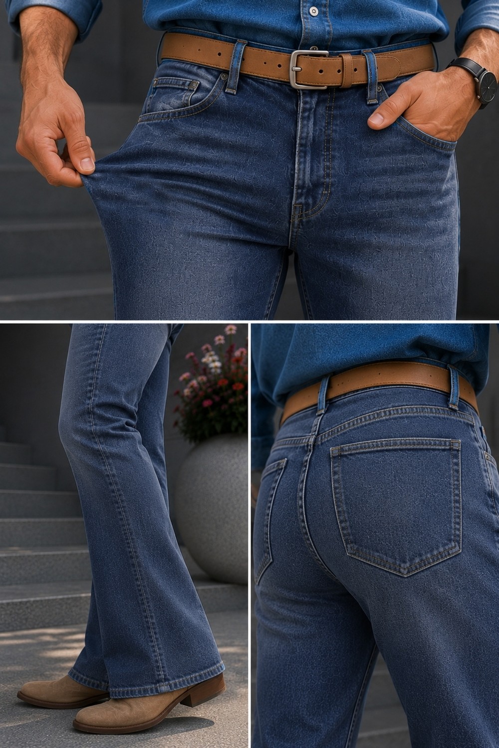 Cedy Denim Cedy Denım Premium Seri: Erkek Mavi Retro Flare Bootcut Jean - Geniş Paça Taşlanmış Denim Pantolon C370 görsel 3