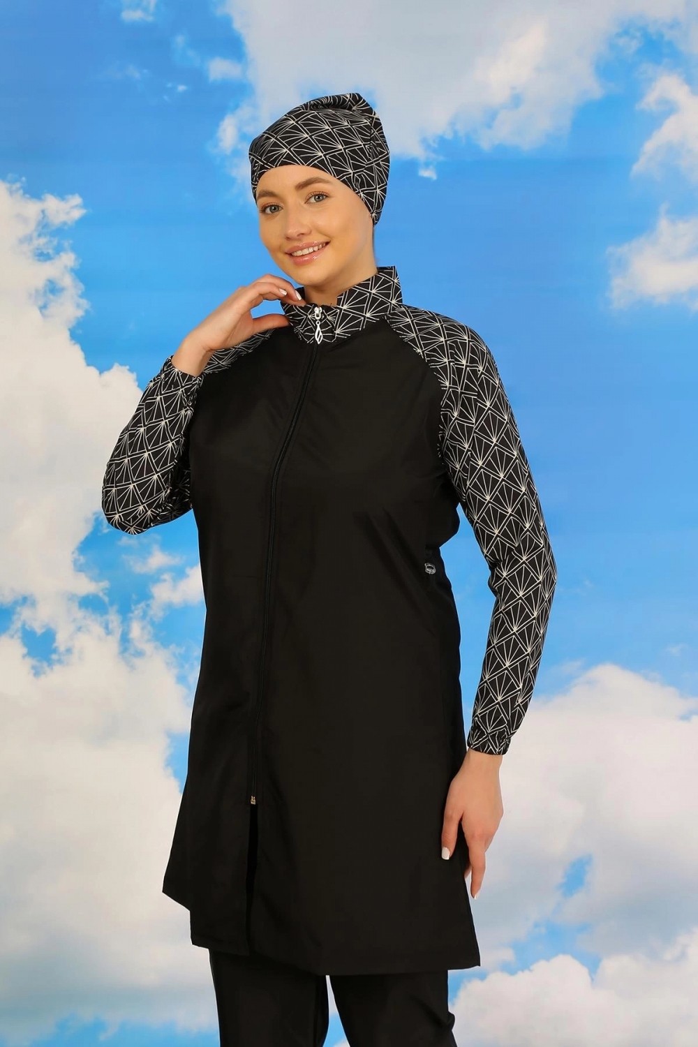 Hace Bazaar Kadın Pantolonlu Desenli Tam Tesettür Mayo Siyah görsel 2