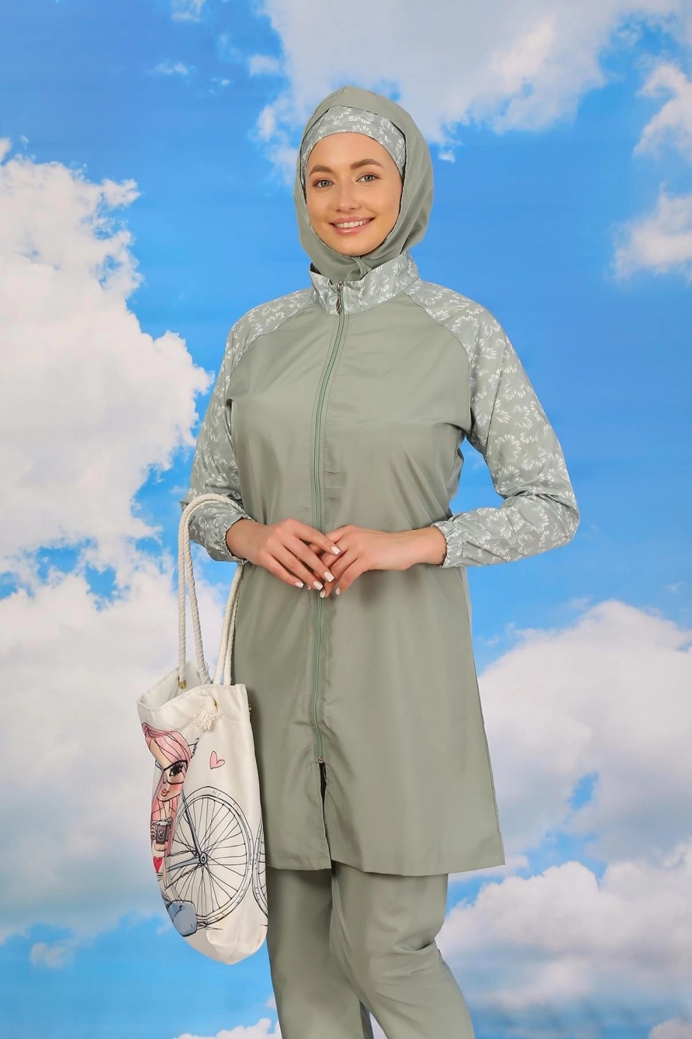 Hace Bazaar Kadın Pantolonlu Desenli Tam Tesettür Mayo Siyah görsel 7
