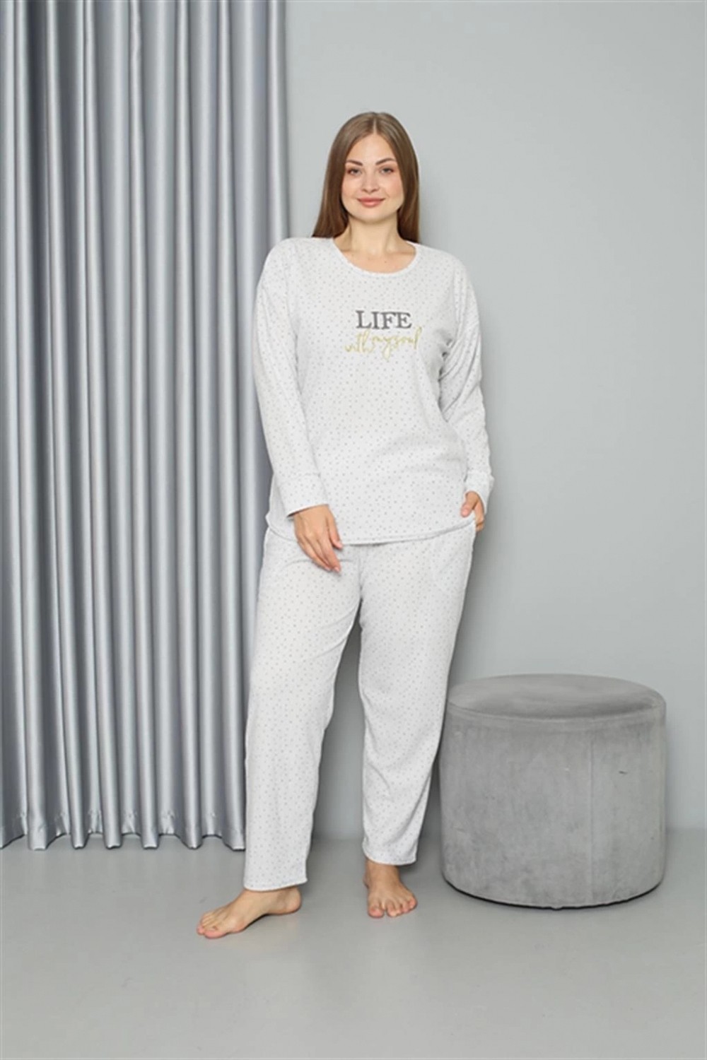 Hace Bazaar Marsilyan- Welsoft Polar Kadın Büyük Beden Pijama Takımı Ekru
