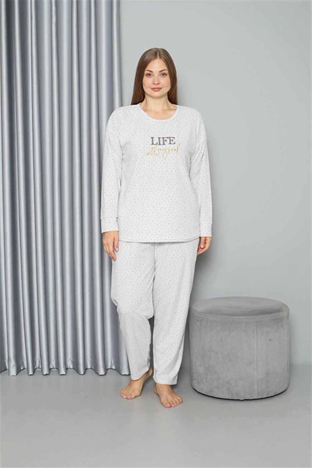 Hace Bazaar Marsilyan- Welsoft Polar Kadın Büyük Beden Pijama Takımı Ekru görsel 3