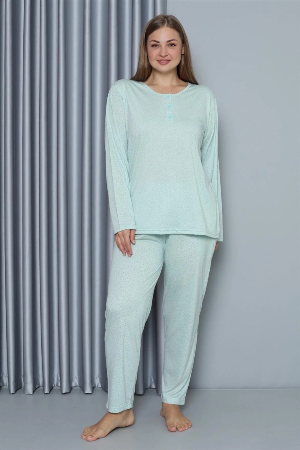 Hace Bazaar Marsilyan- Kadın Büyük Beden Penye Uzun Kol Pijama Takım Su Yeşili