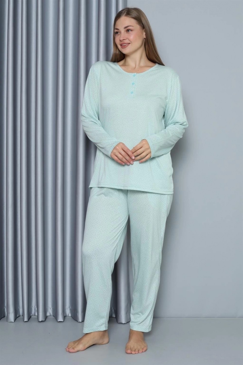 Hace Bazaar Marsilyan- Kadın Büyük Beden Penye Uzun Kol Pijama Takım Su Yeşili görsel 2