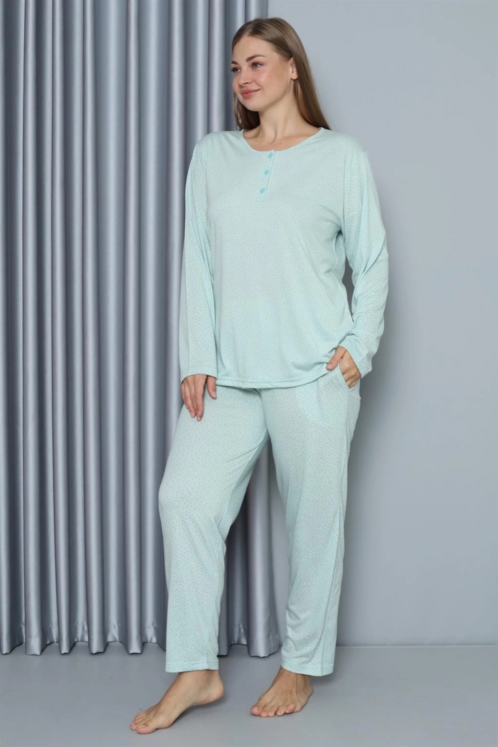 Hace Bazaar Marsilyan- Kadın Büyük Beden Penye Uzun Kol Pijama Takım Su Yeşili görsel 3