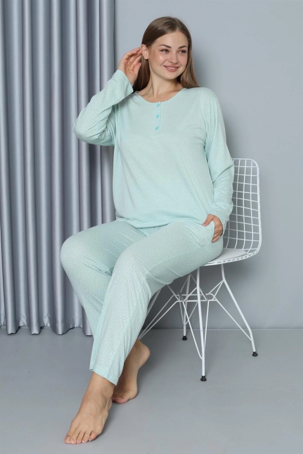 Hace Bazaar Marsilyan- Kadın Büyük Beden Penye Uzun Kol Pijama Takım Su Yeşili görsel 4