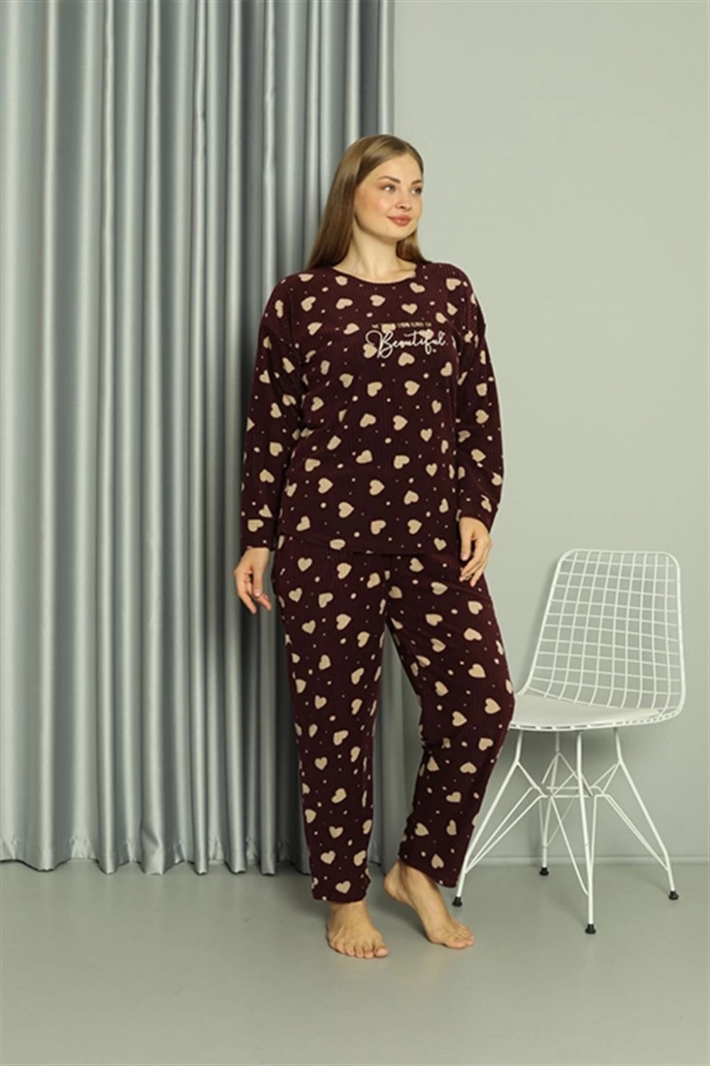 Hace Bazaar Marsilyan- Polar Kadın Büyük Beden Pijama Takımı Bordo görsel 3