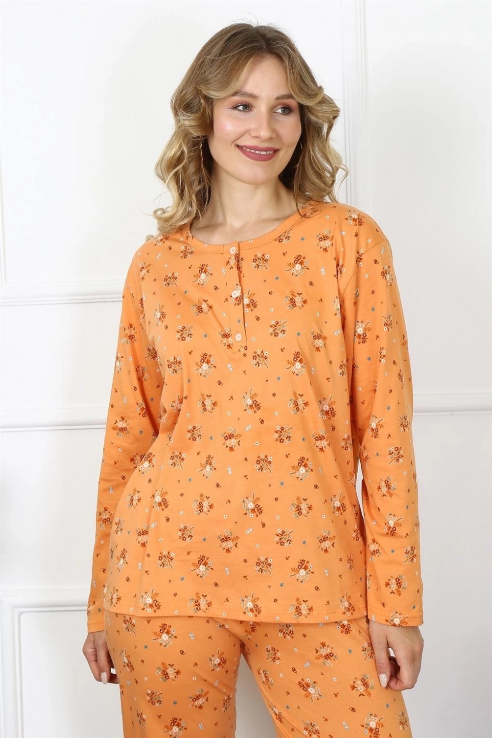 Hace Bazaar Marsilyan- Kadın 4xl-5xl-6xl-7xl-8xl Büyük Beden Uzun Kol Pijama Takım Turuncu görsel 3