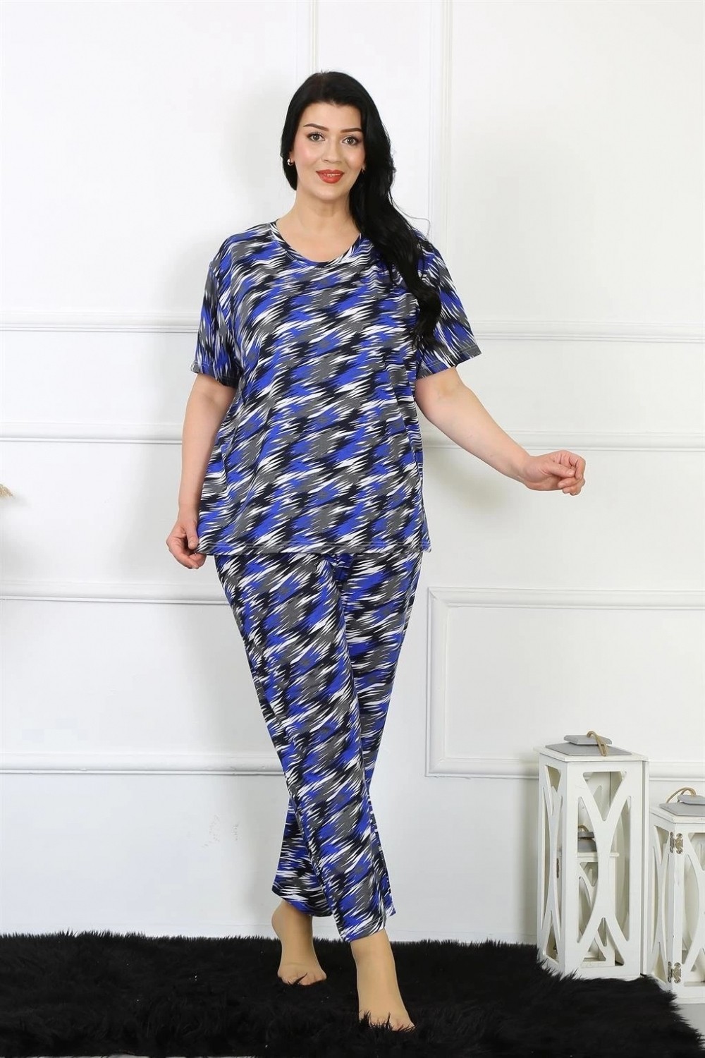 Hace Bazaar Marsilyan- Kadın 5xl-6xl-7xl-8xl Büyük Beden Kısa Kol Pijama Takım Saks
