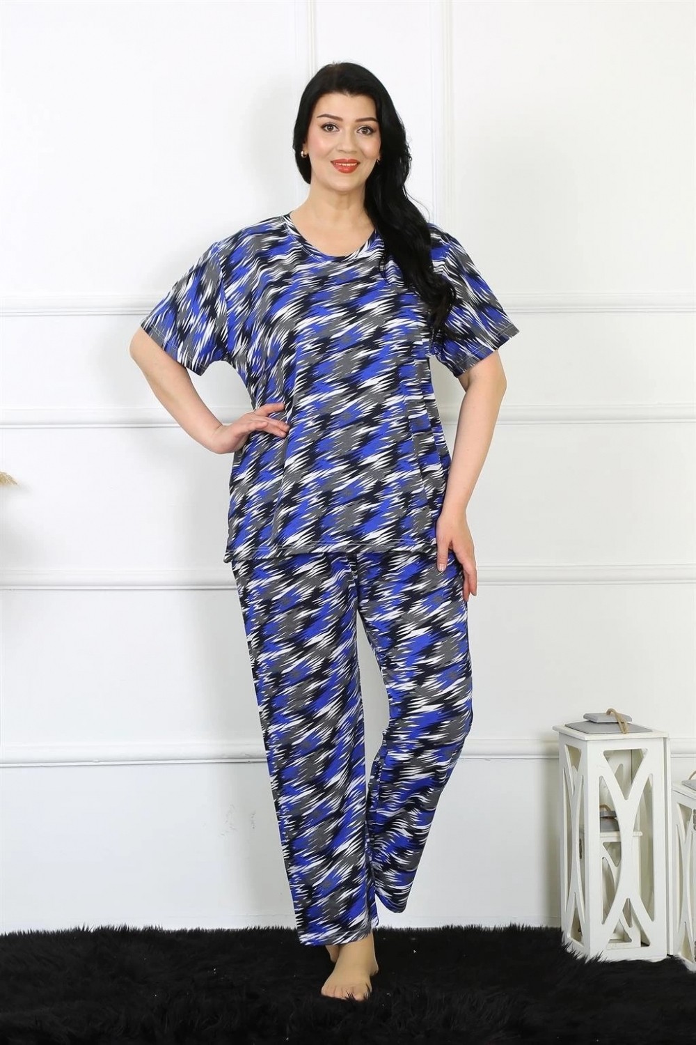 Hace Bazaar Marsilyan- Kadın 5xl-6xl-7xl-8xl Büyük Beden Kısa Kol Pijama Takım Saks görsel 2