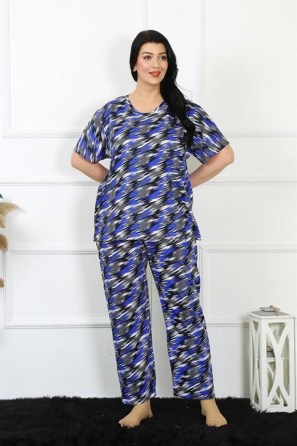 Hace Bazaar Marsilyan- Kadın 5xl-6xl-7xl-8xl Büyük Beden Kısa Kol Pijama Takım Saks görsel 3