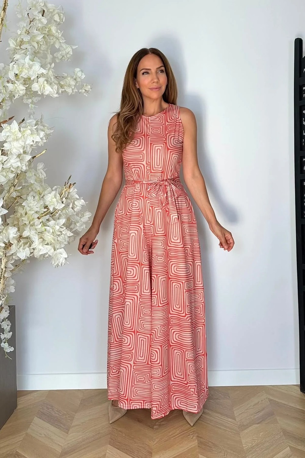 Ges Moda G1868 Kuşak Detaylı Desenli Tulum Turuncu