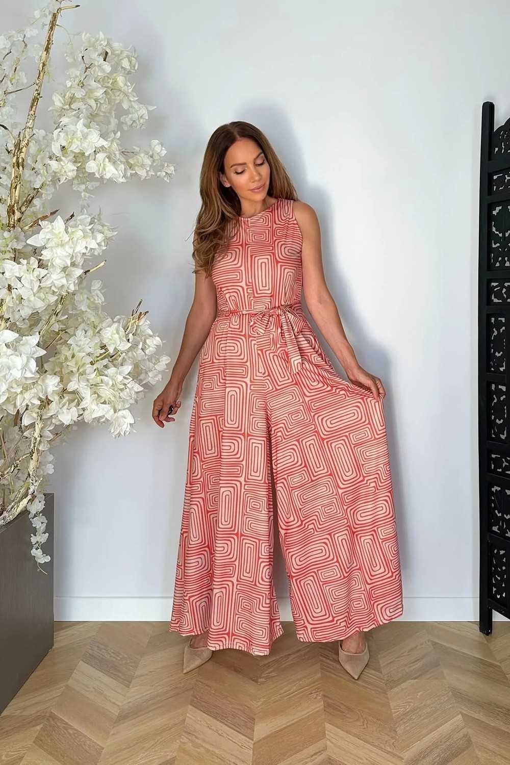 Ges Moda G1868 Kuşak Detaylı Desenli Tulum Turuncu görsel 2
