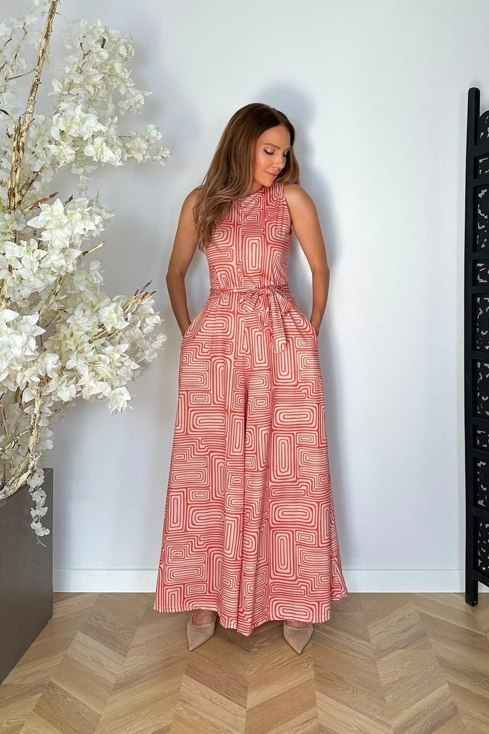 Ges Moda G1868 Kuşak Detaylı Desenli Tulum Turuncu görsel 3