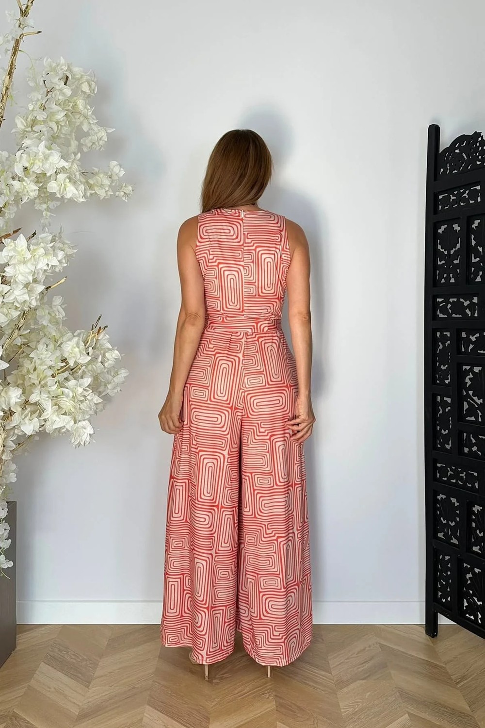 Ges Moda G1868 Kuşak Detaylı Desenli Tulum Turuncu görsel 4