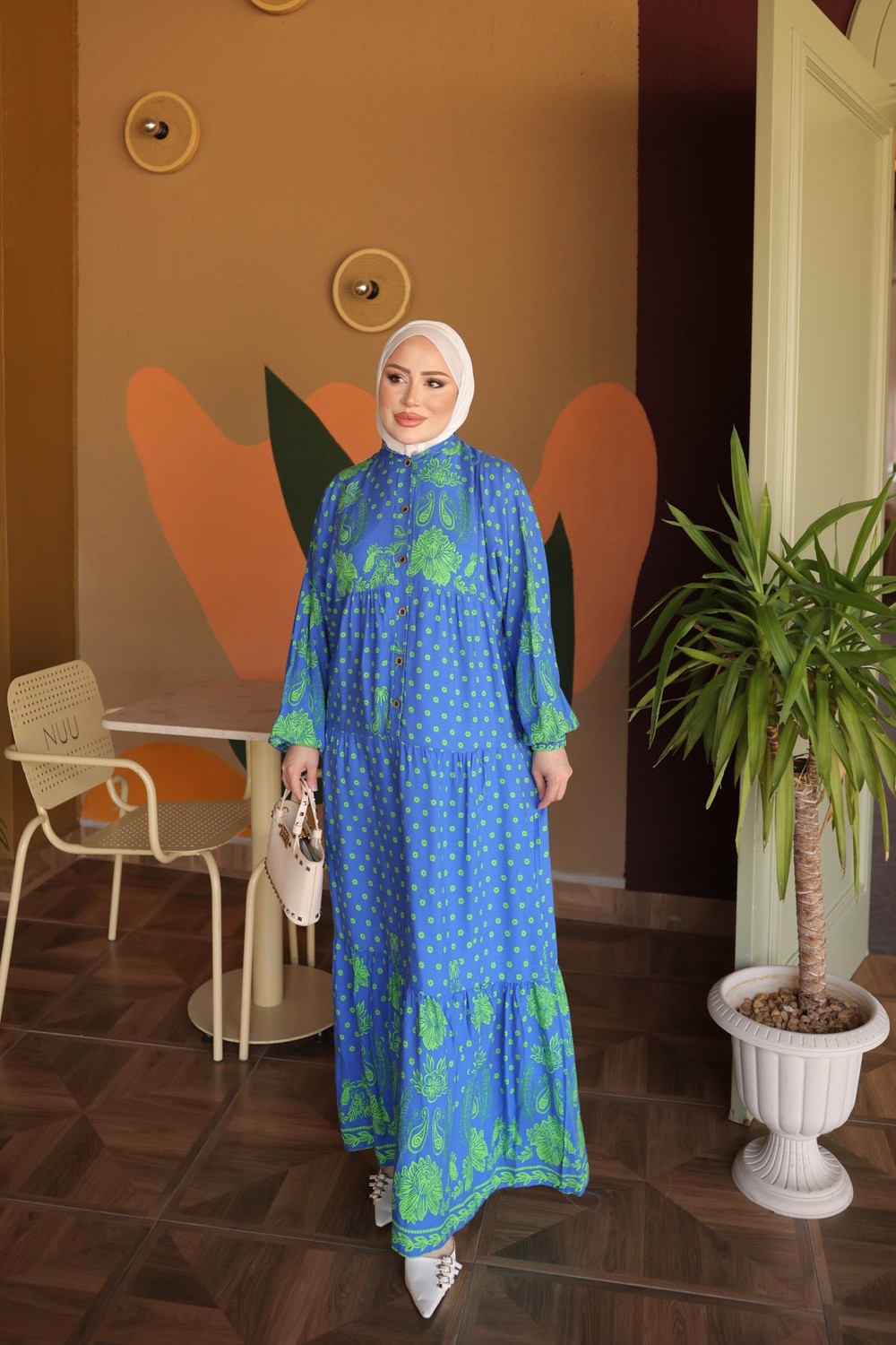 İmaj Butik Vizon Yarım Düğmeli Kol Lastikli Eteği Katlı Viskon Elbise görsel 6