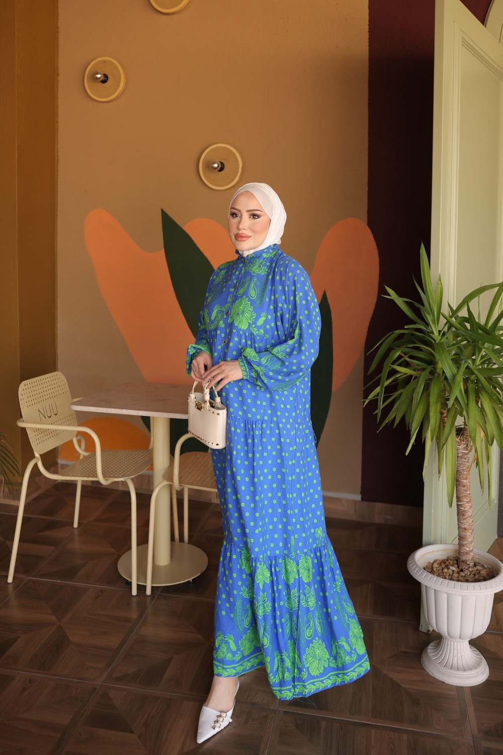 İmaj Butik Vizon Yarım Düğmeli Kol Lastikli Eteği Katlı Viskon Elbise görsel 7