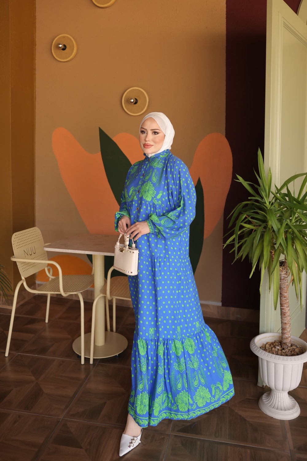 İmaj Butik Vizon Yarım Düğmeli Kol Lastikli Eteği Katlı Viskon Elbise görsel 8