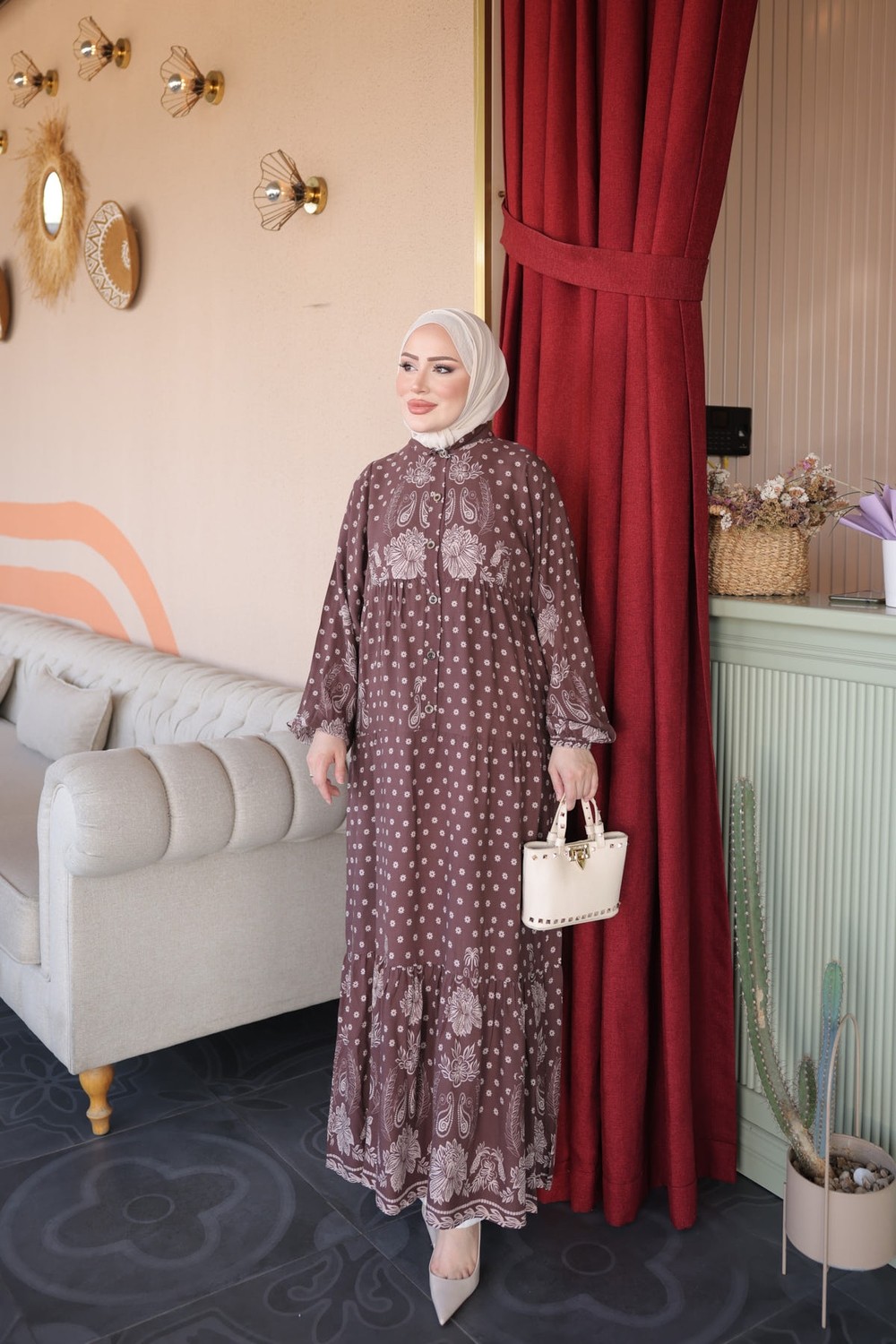 İmaj Butik Vizon Yarım Düğmeli Kol Lastikli Eteği Katlı Viskon Elbise