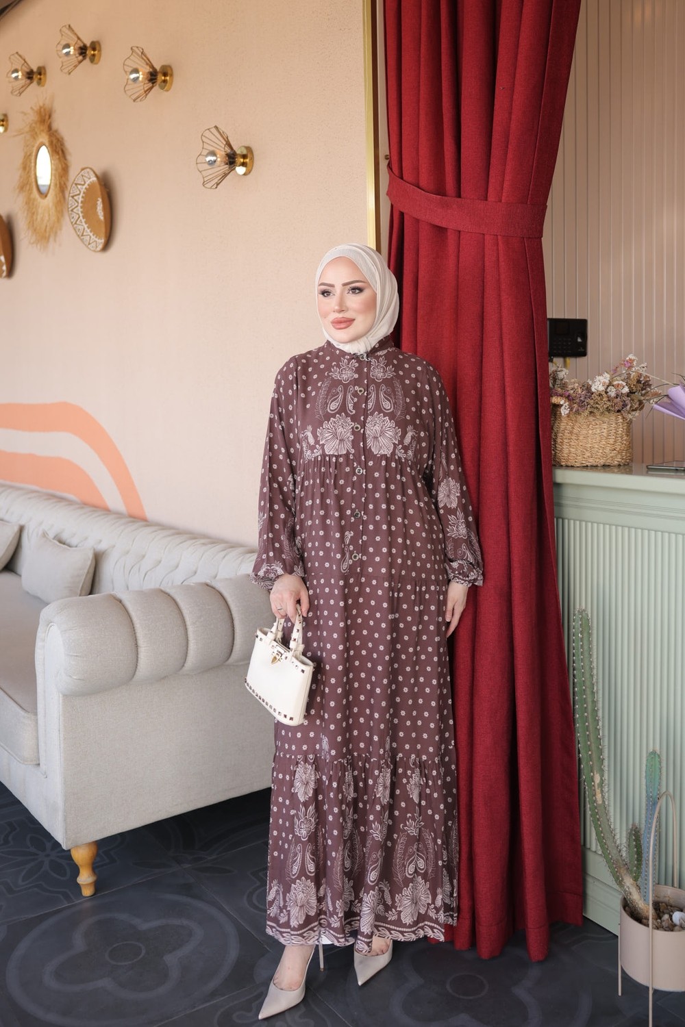 İmaj Butik Vizon Yarım Düğmeli Kol Lastikli Eteği Katlı Viskon Elbise görsel 2