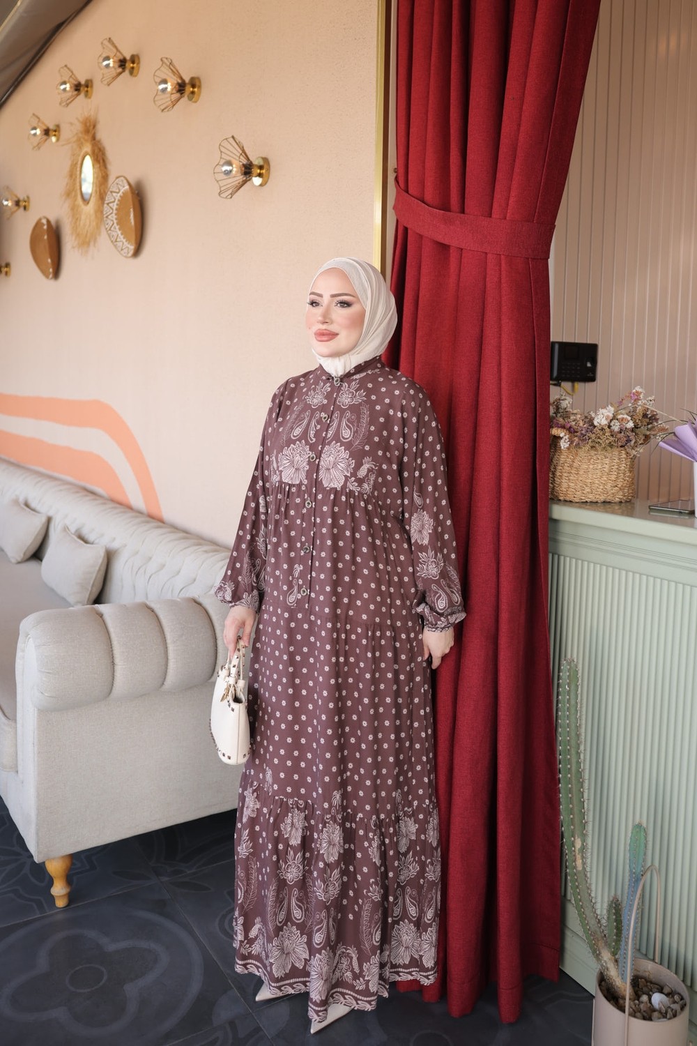İmaj Butik Vizon Yarım Düğmeli Kol Lastikli Eteği Katlı Viskon Elbise görsel 4