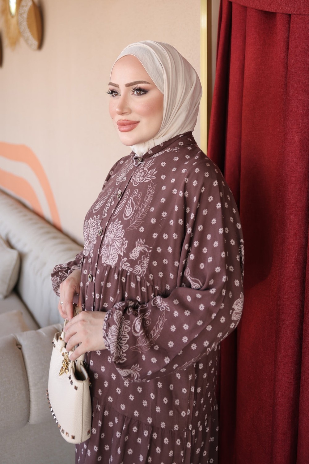 İmaj Butik Vizon Yarım Düğmeli Kol Lastikli Eteği Katlı Viskon Elbise görsel 5