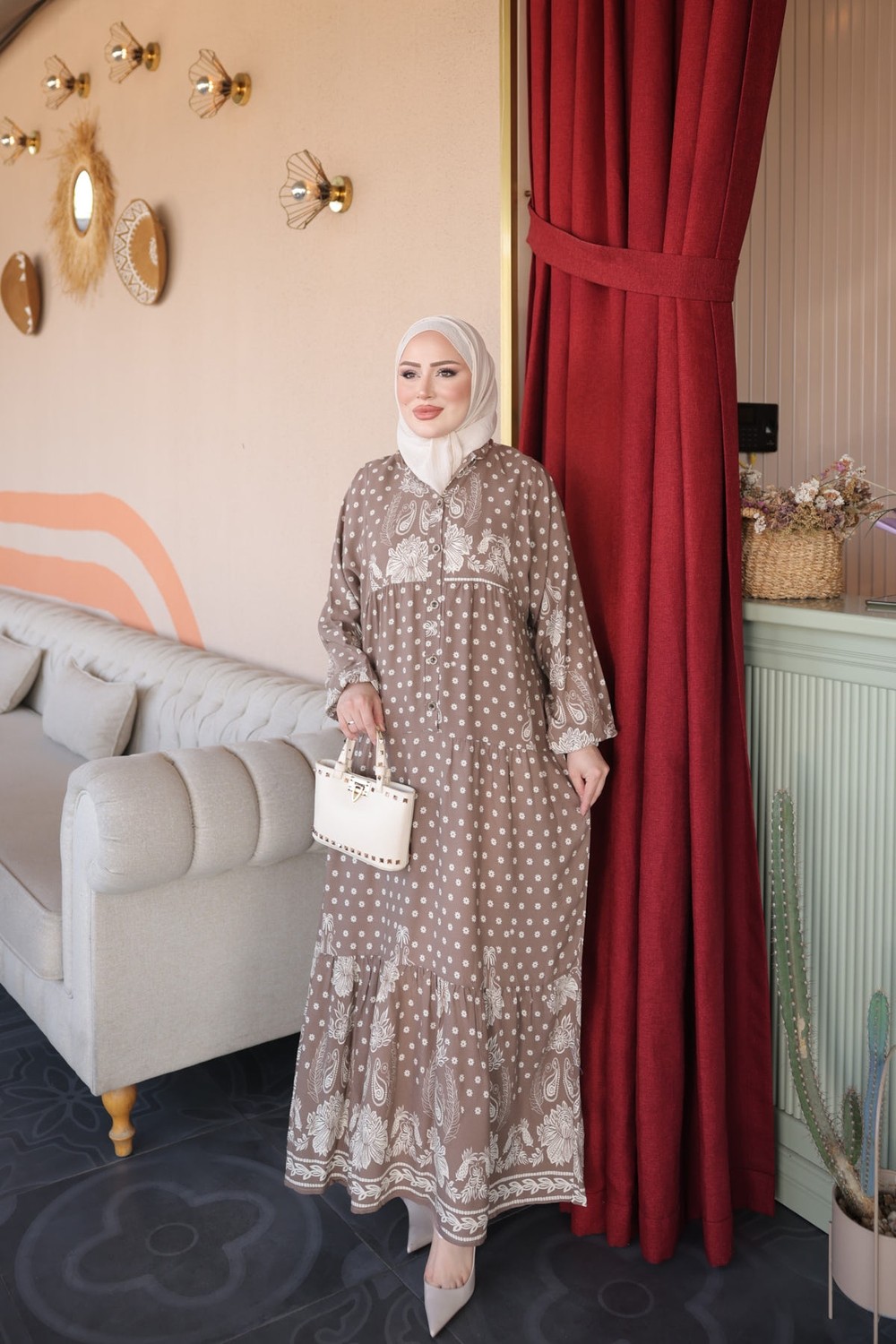 İmaj Butik Vizon Yarım Düğmeli Kol Lastikli Eteği Katlı Viskon Elbise