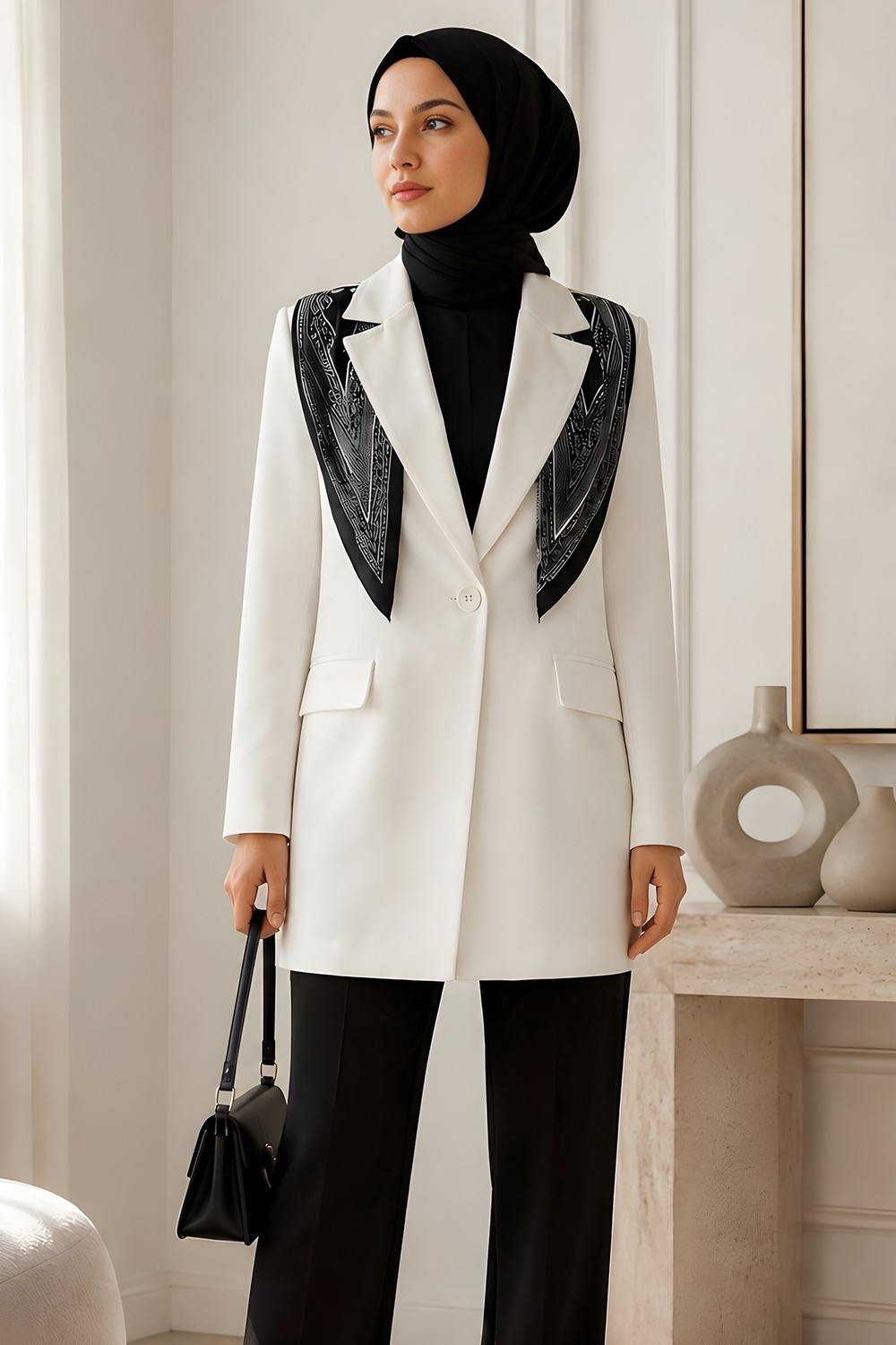 İmaj Butik Ekru Şal Detaylı Astarlı Ceket